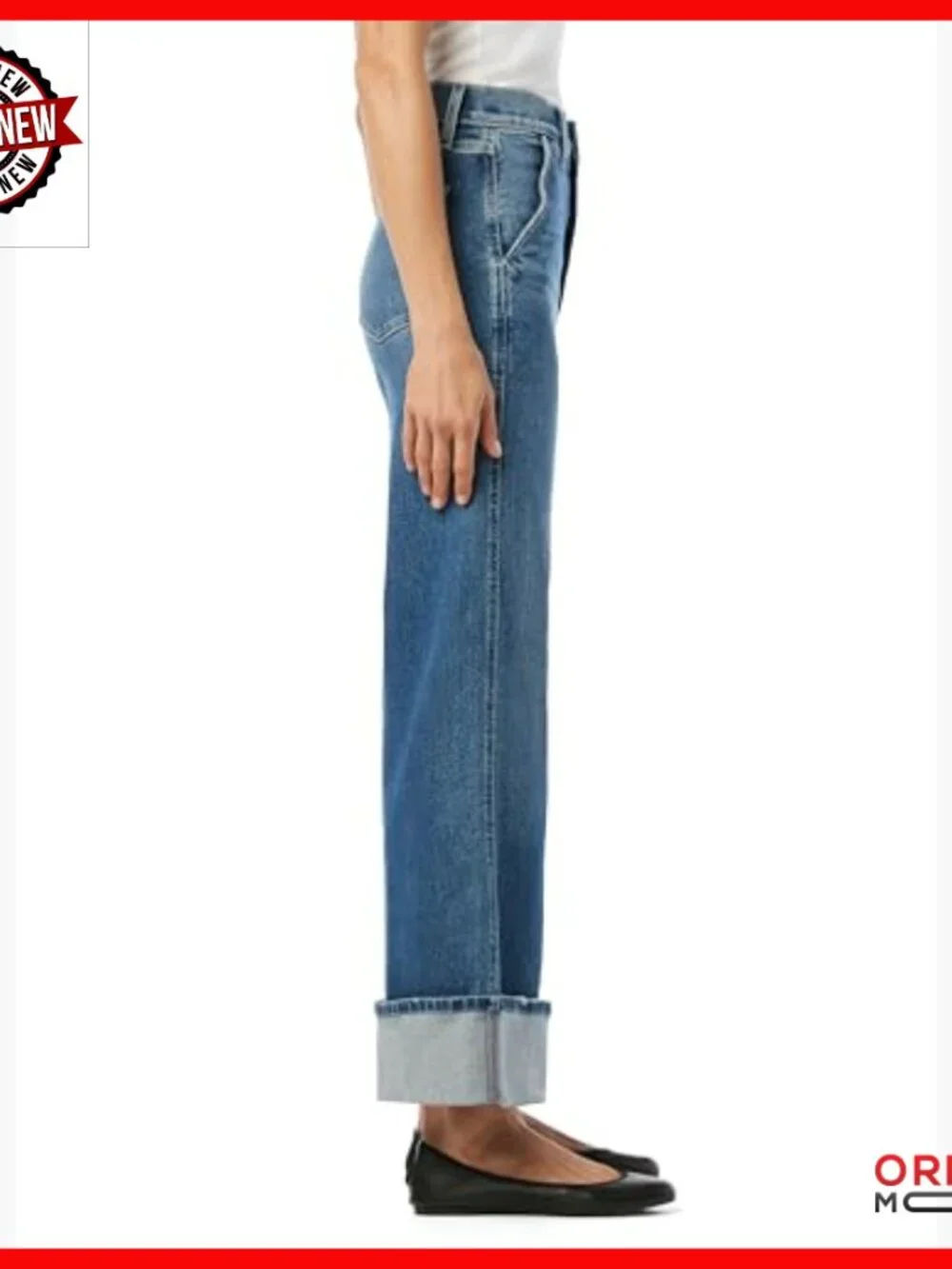High Rise Wide Leg Denim Trousers with Slant Pockets and Cuffs - Picture 2 of 7